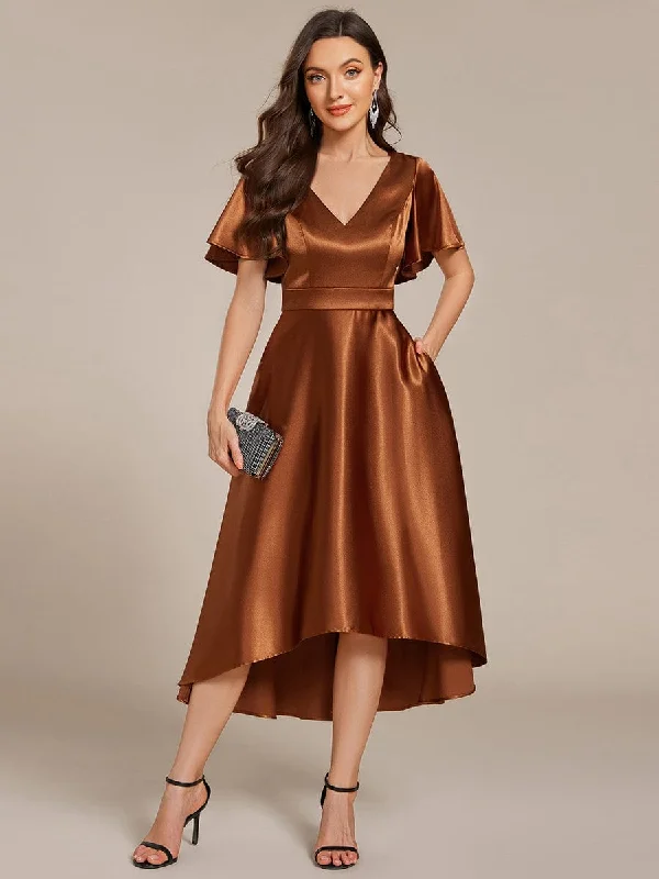 V-neck High-Low Satin Wedding Guest Dress with Pockets Trendy Fashion For Women