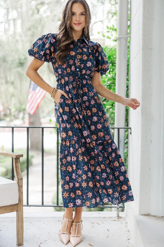 Pinch: Looking Your Way Navy Blue Floral Midi Dress Today Only