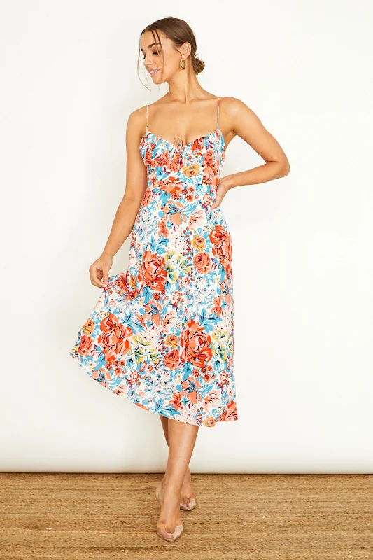 Malibu Gathered Bust Cami Strap Midi Dress Floral Orange Budget Friendly