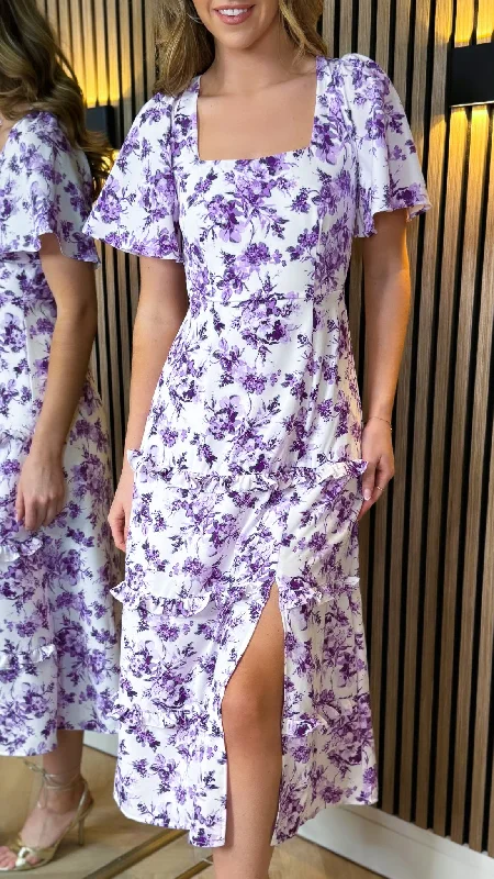 Indigo Purple Printed Frill Midi Dress Sophisticated Cut