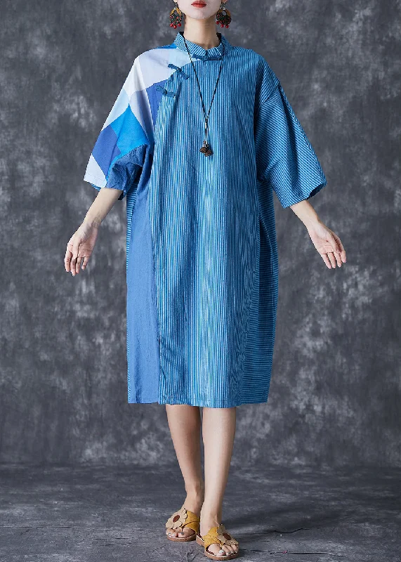 Art Blue Striped Patchwork Chinese Button Linen Dresses Summer Unleash Your Style