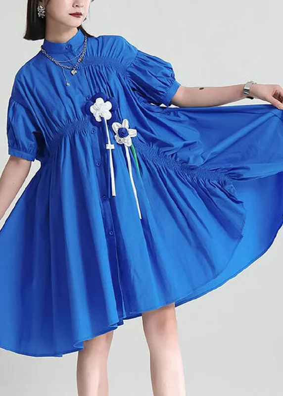 DIY Blue Asymmetrical Wrinkled Applique Cotton Robe Dresses Short Sleeve Style Upgrade