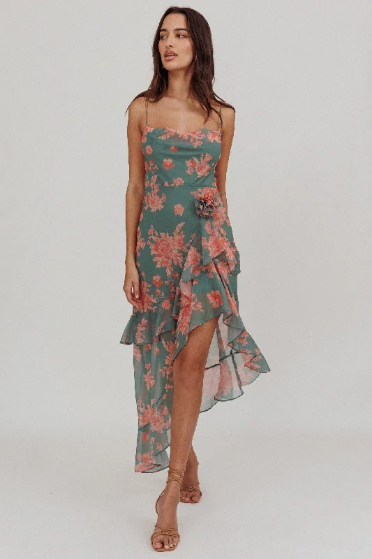 Chances Rosette Ruffle Midi Dress Floral Mint Holiday Sale