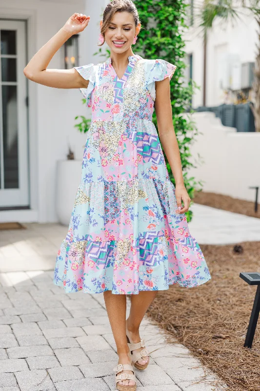 Keep It Going Blue & Pink Floral Midi Dress Comfortable Chic