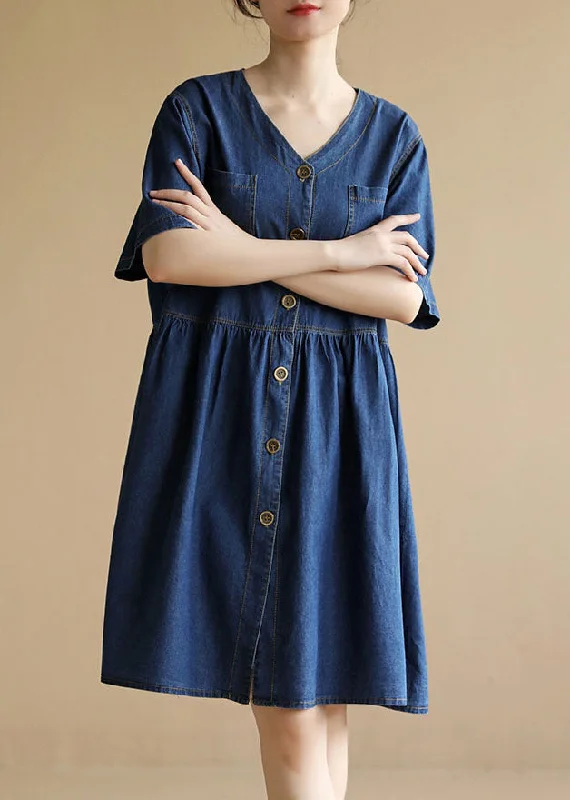 Women Denim Blue V Neck Pockets Cotton A Line Dress Short Sleeve Best Seller