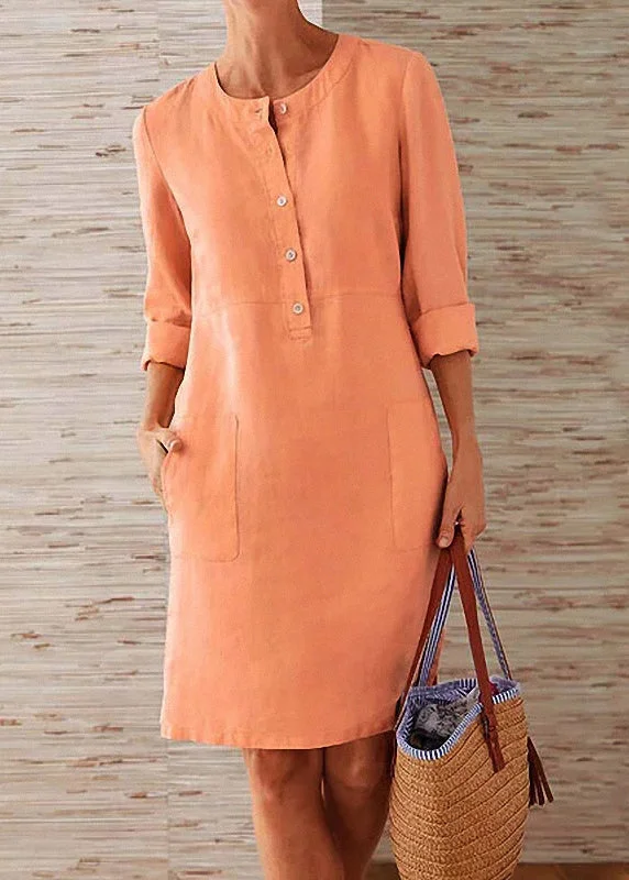 Women Orange O Neck Pockets Cotton Dress Fall Seasonal Sale