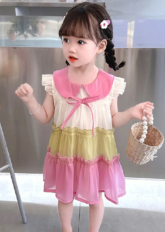 Fashion Pink Ruffled Patchwork Cotton Kids Vacation Mid Dress Sleeveless Style Your Wardrobe