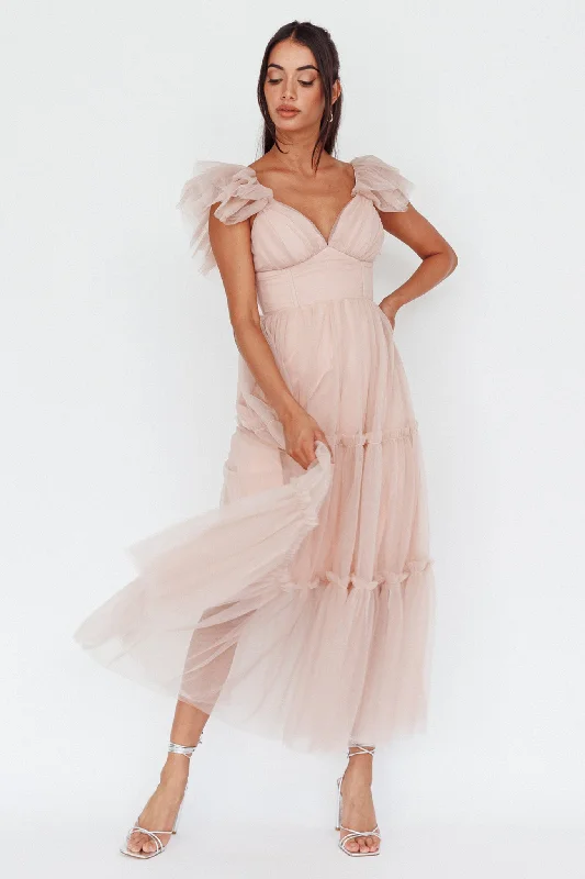 Amal Ruffle Shoulder Tulle Midi Dress Nude Unleash Your Trend Driven Style