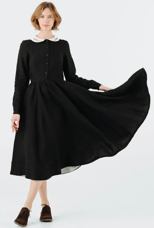 Classic Dress with Embroidered Golden Fields Collar, Long Sleeve Grab Romantic Date - Night Styles Now