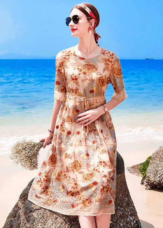 Handmade Apricot O-Neck Embroideried Ruffled Silk Cinch Dresses Short Sleeve Limited Stock, Big Discounts