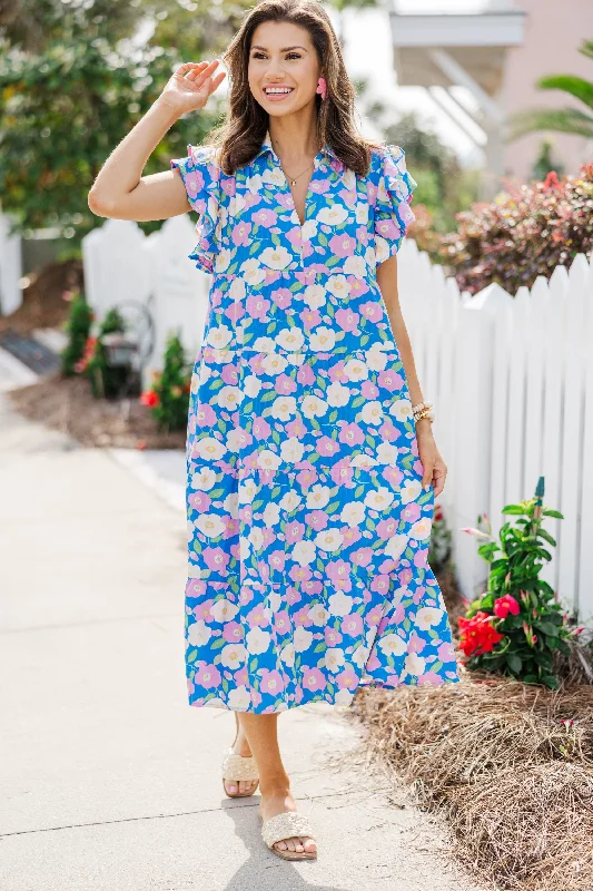 Look You Up Blue & Pink Floral Ruffled Midi Dress Casual Chic Clothing