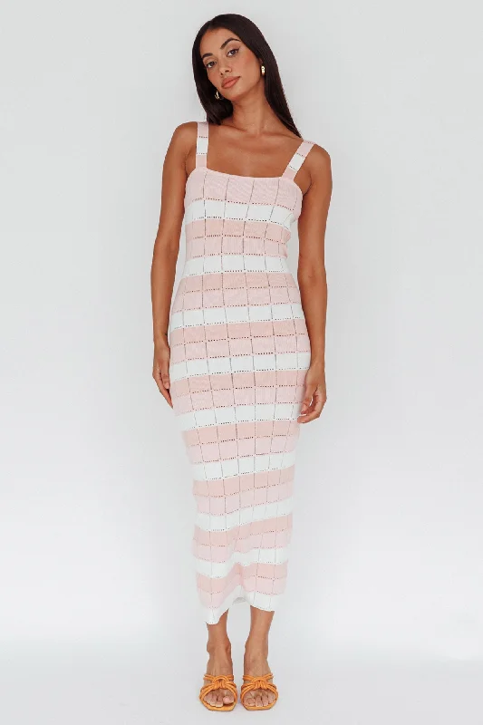 Chase The Sunrise Knit Midi Dress Striped Pink Contemporary Elegance