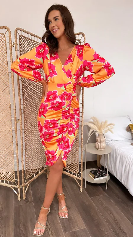 Bonnie Yellow & Pink Floral Midi Dress Additional Time-Limited Offers