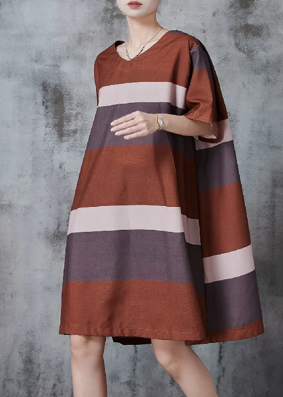 Unique Brown Oversized Striped Cotton Work Dress Summer Mother's Day Special