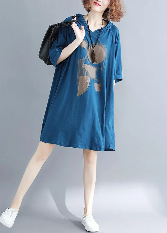 Plus Size Blue Hooded Print Cotton Sweatshirt Dress Summer Chic Outfits