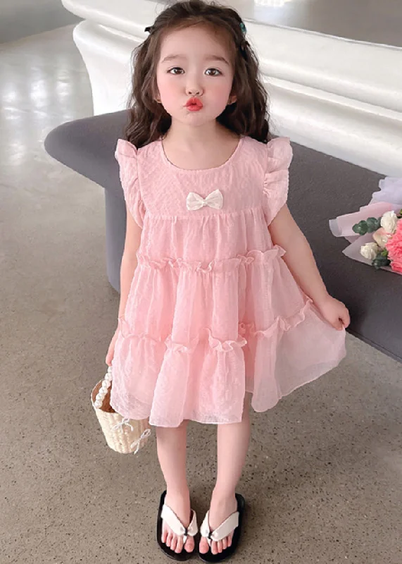 Vogue Pink Ruffled Patchwork Tulle Kids Mid Dress Summer Fashion Sale