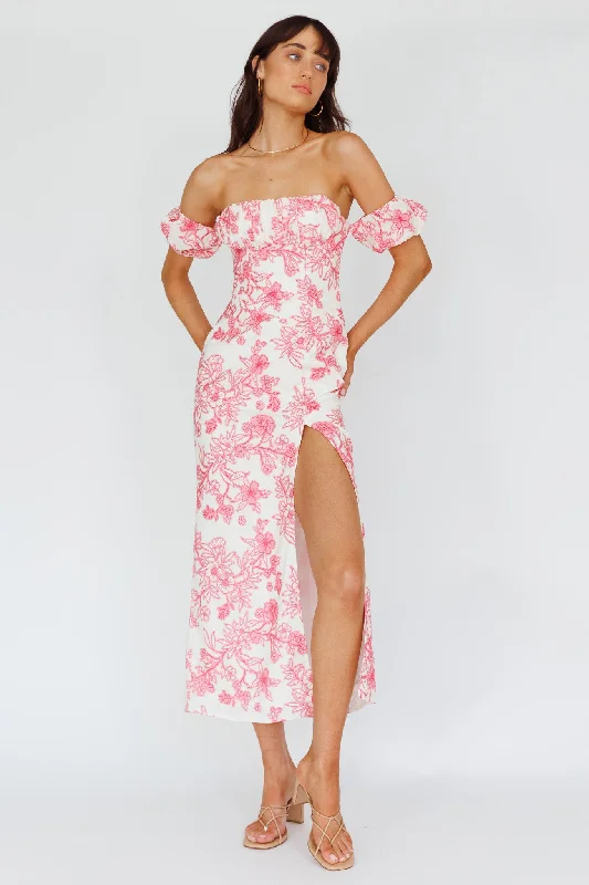 Olivier Off-Shoulder Midi Dress Floral Pink Exclusive Sale