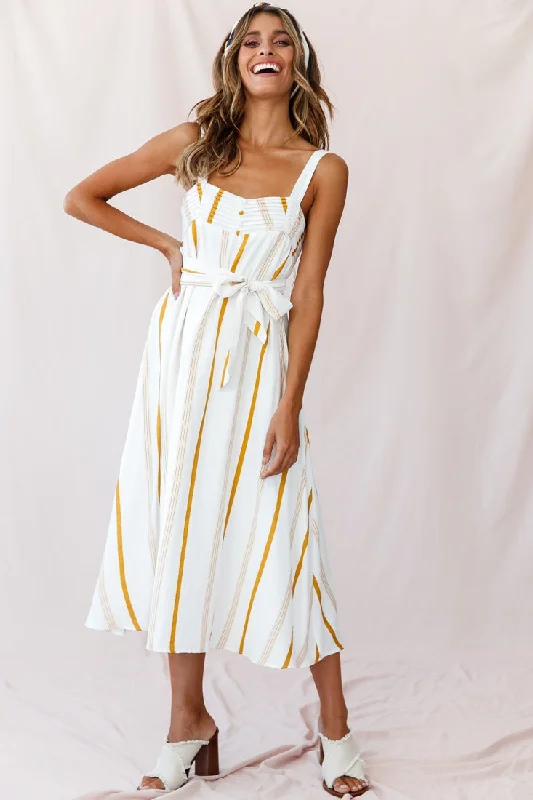 Colmar Wide Strap Midi Dress White Mustard Stripe Graceful Cut