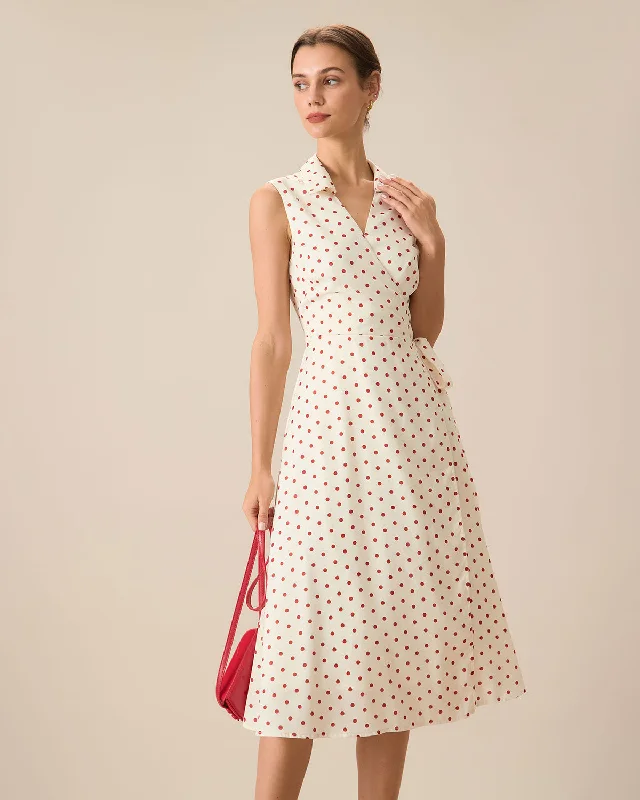 Women's Beige Poka Dot Wrap Midi Dress Seasonal Fashion