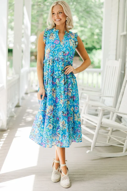 Fate: Start The Day Blue Floral Midi Dress Trendy Fashion For Women