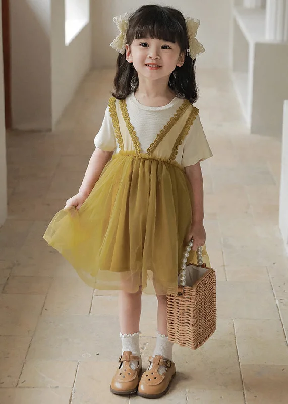 Art Green Ruffled Tulle Patchwork Kids Mid Dress Summer Chic Styles