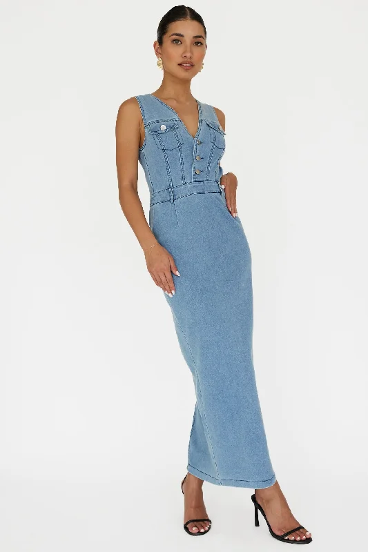 Jazelle Sleeveless Button Front Maxi Dress Denim Fashion Forward, Function First