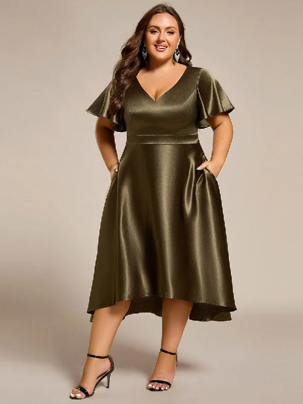 Plus Size Satin Midi Wedding Guest Dress with Pockets Vintage Look