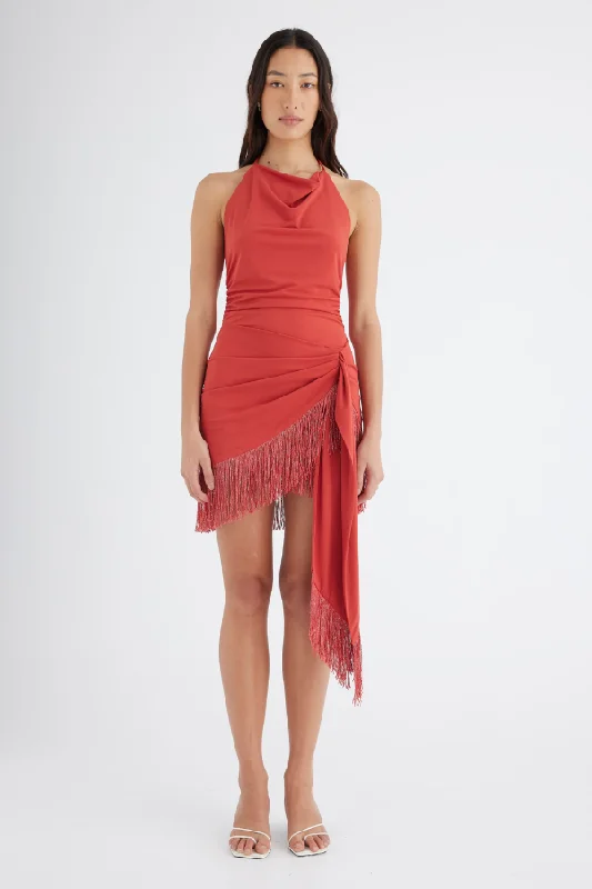 Carolina Fringe Halter Dress Hibiscus Seasonal Fashion