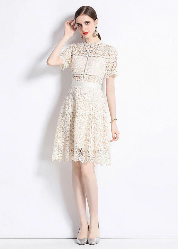 Chic Apricot Embroideried Hollow Out Patchwork Lace Mid Dress Summer Season Transition Versatile Wear Clearance