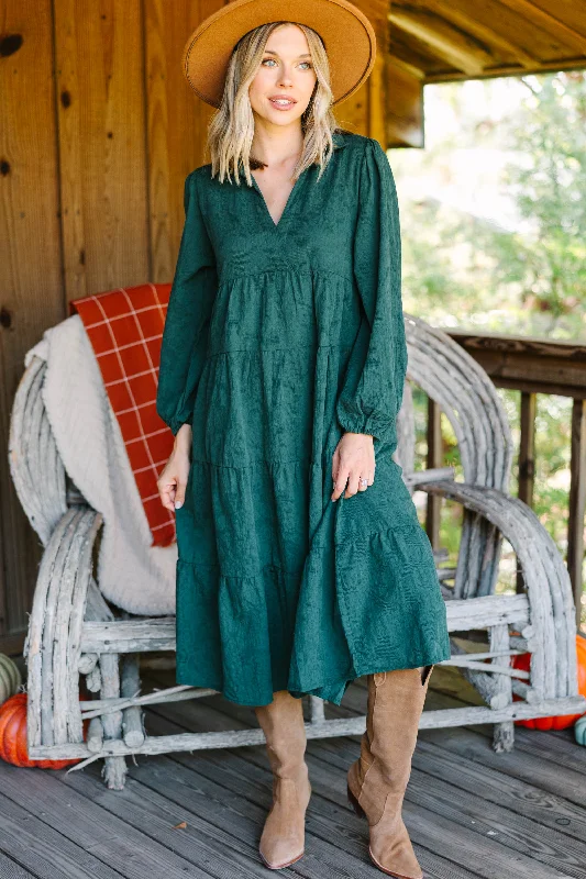 It's All Fact Forest Green Textured Midi Dress Graceful Drape