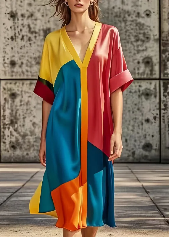 Plus Size Colorblock Oversized Patchwork Silk Dress Summer New Season Fashion Preview Sale