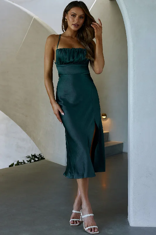 Lakoda Gathered Bust Bow Tie Back Midi Dress Forest Green Casual Fashion