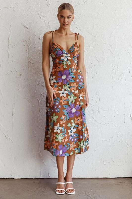 Clovelly Tied Shoulder Midi Dress Flower Terracotta Chic Urban Fashion Look