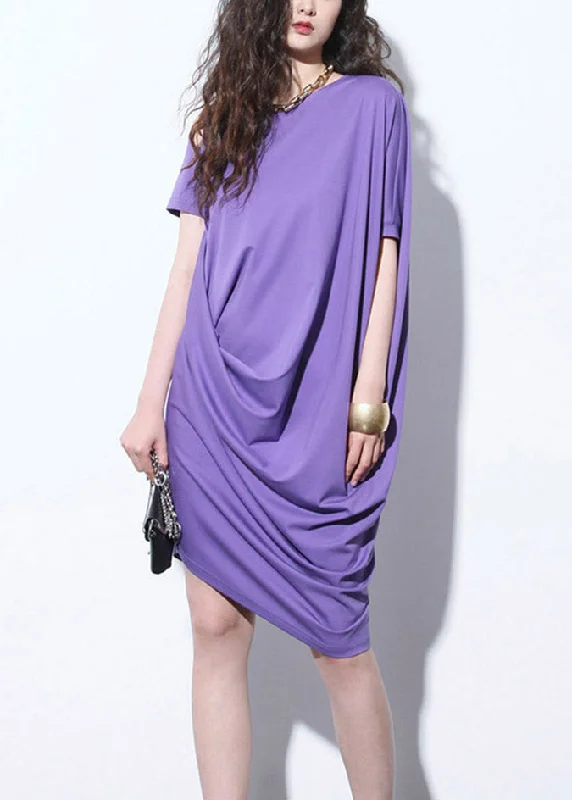 Unique Purple O-Neck Asymmetrical Wrinkled Mid Dresses Short Sleeve Soft Textures