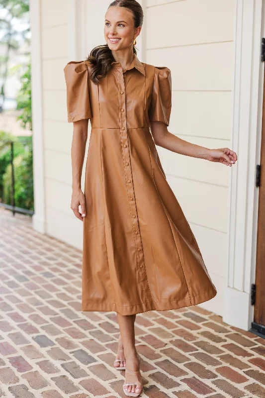 Take It As It Is Camel Brown Faux Leather Midi Dress Exclusive Sale