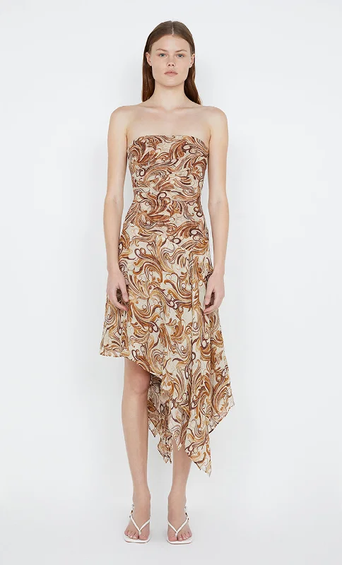 JOCELYN STRAPLESS DRESS - CREAM SWIRL Disco - Inspired Retro Dance Look