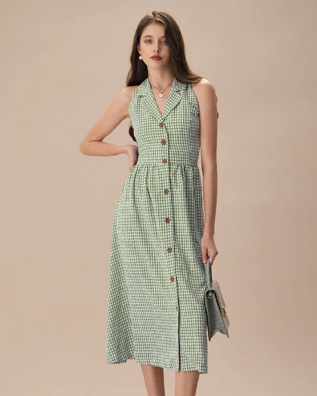 The Green Lapel Plaid Sleeveless Shirt Midi Dress Hot Sale