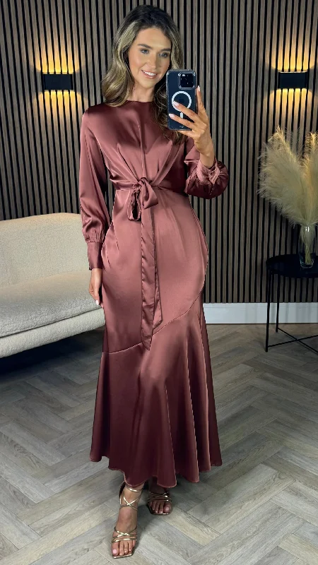 Kiana Dusky Pink Wrap Effect Long Sleeve Midi Dress Limited Stock