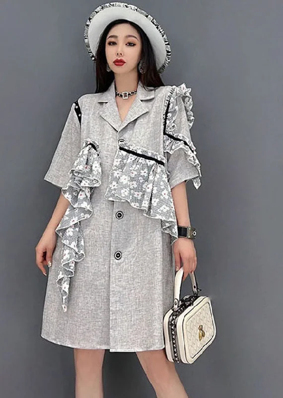 French Grey Notched Collar Asymmetrical Design Lace Patchwork Vacation Dress Short Sleeve Brand Name Clothing Discount Extravaganza