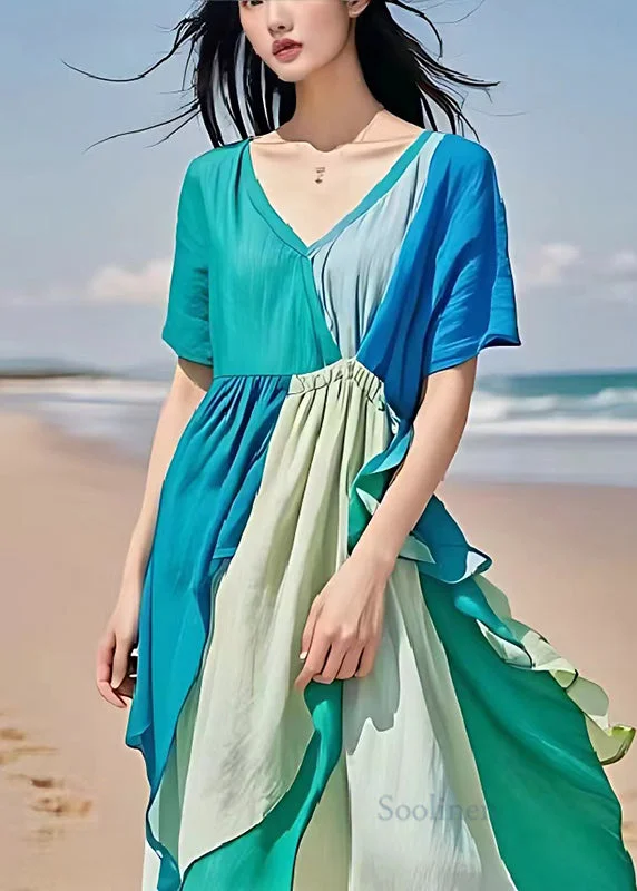 Original Design Blue V Neck Patchwork Linen Party Dress Summer Holiday Glam