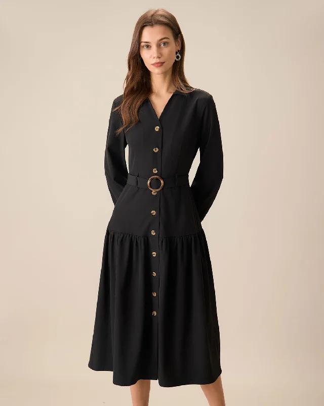 Women's Black V Neck Belted Midi Dress Clearance Event