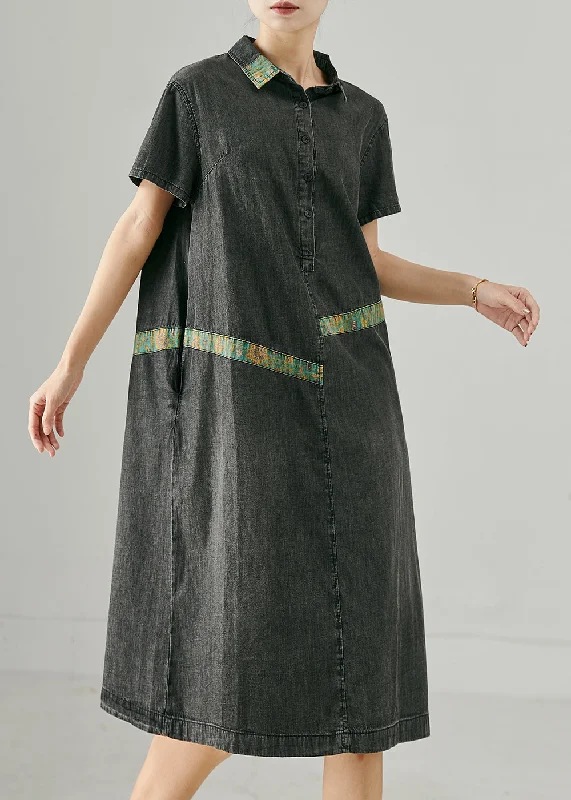 French Black Oversized Patchwork Denim Dresses Summer Parisian Effortless Chic Style