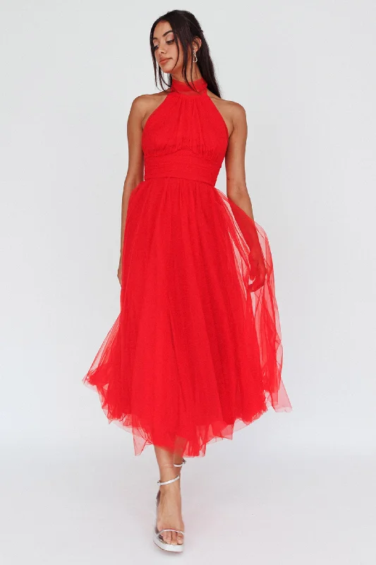 Andria Halterneck Tulle Midi Dress Red Boho - Chic Festival - Ready Style