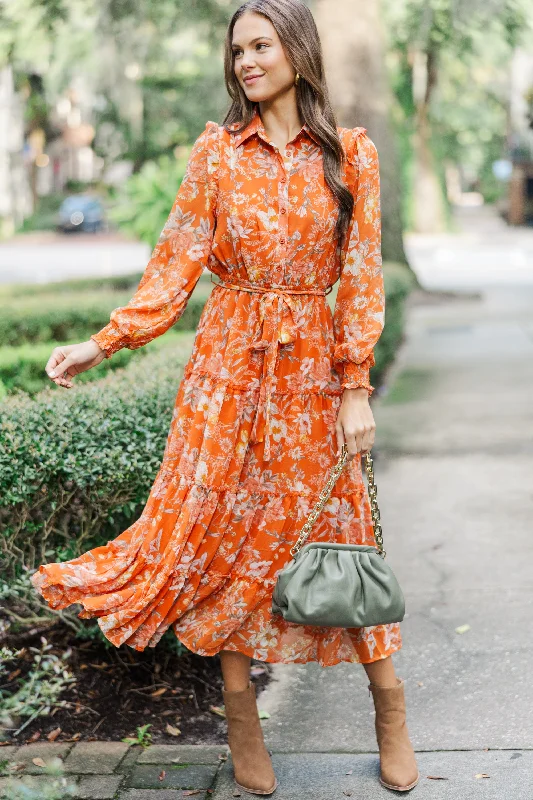 Found The One Rust Orange Floral Midi Dress Fashion For Every Occasion