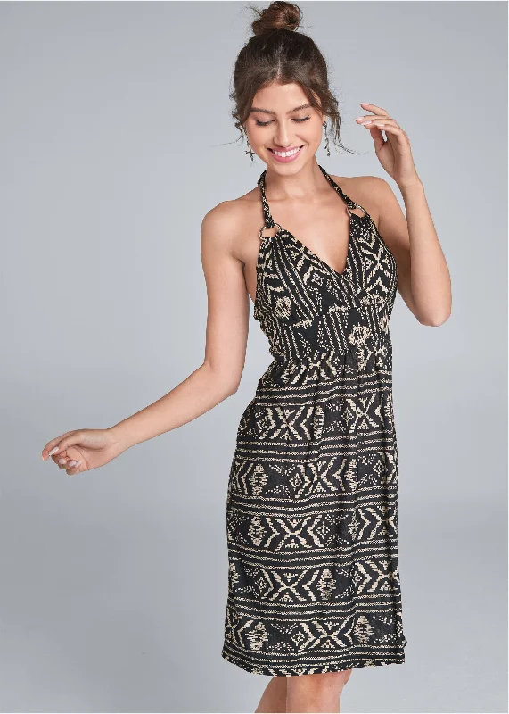 Printed Halter Tie Dress - Black Multi Feminine Grace