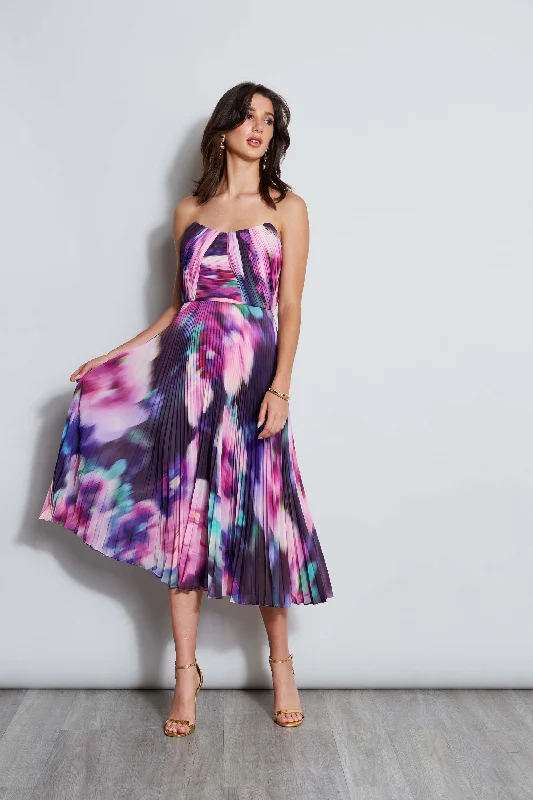 Strapless Pleated Print Midi Dress Bold Silhouette