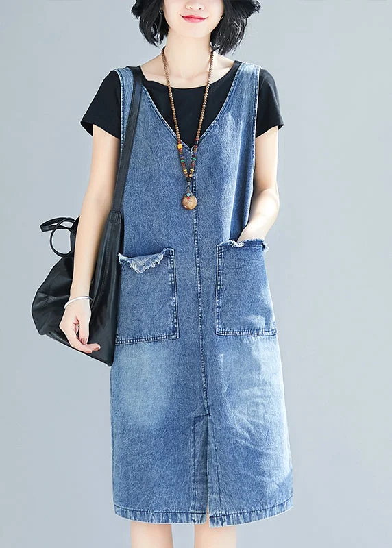 DIY Blue V Neck Pockets Side Open Denim Strap Dresses Summer Unleash Your Trendy Side