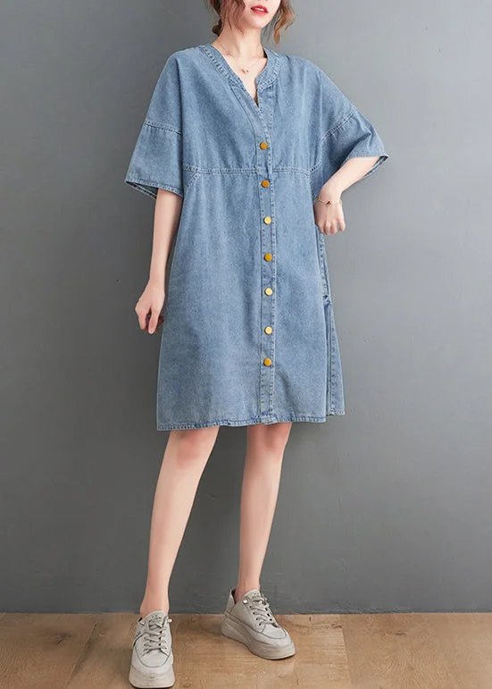 Classy Light Blue V Neck Oversized Denim Dress Summer Trend Alert