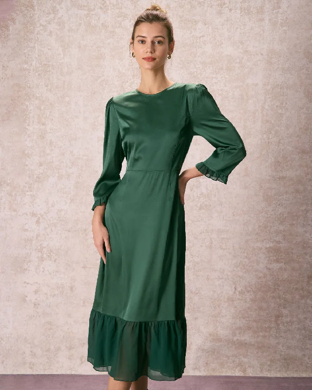 The Green Spliced Ruffle Poet Sleeve Midi Dress Snag Fabulous Fashion Bargains