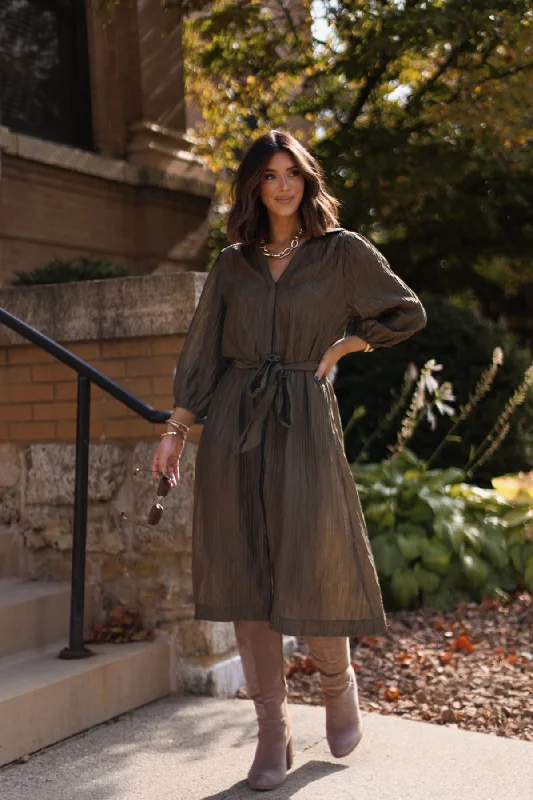 Olive Button Down Belted Midi Dress-FINAL SALE Mid - Week Surprise